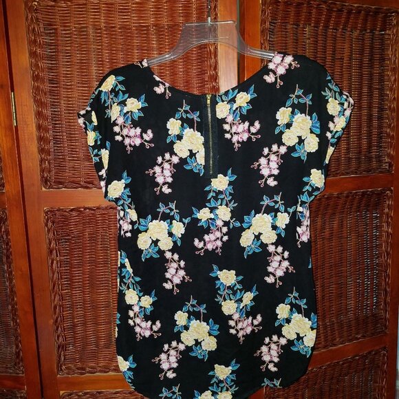 Pink Rose Beautiful Black Yellow Floral Sheer Cap Sleeve Blouse Medium - Picture 7 of 11